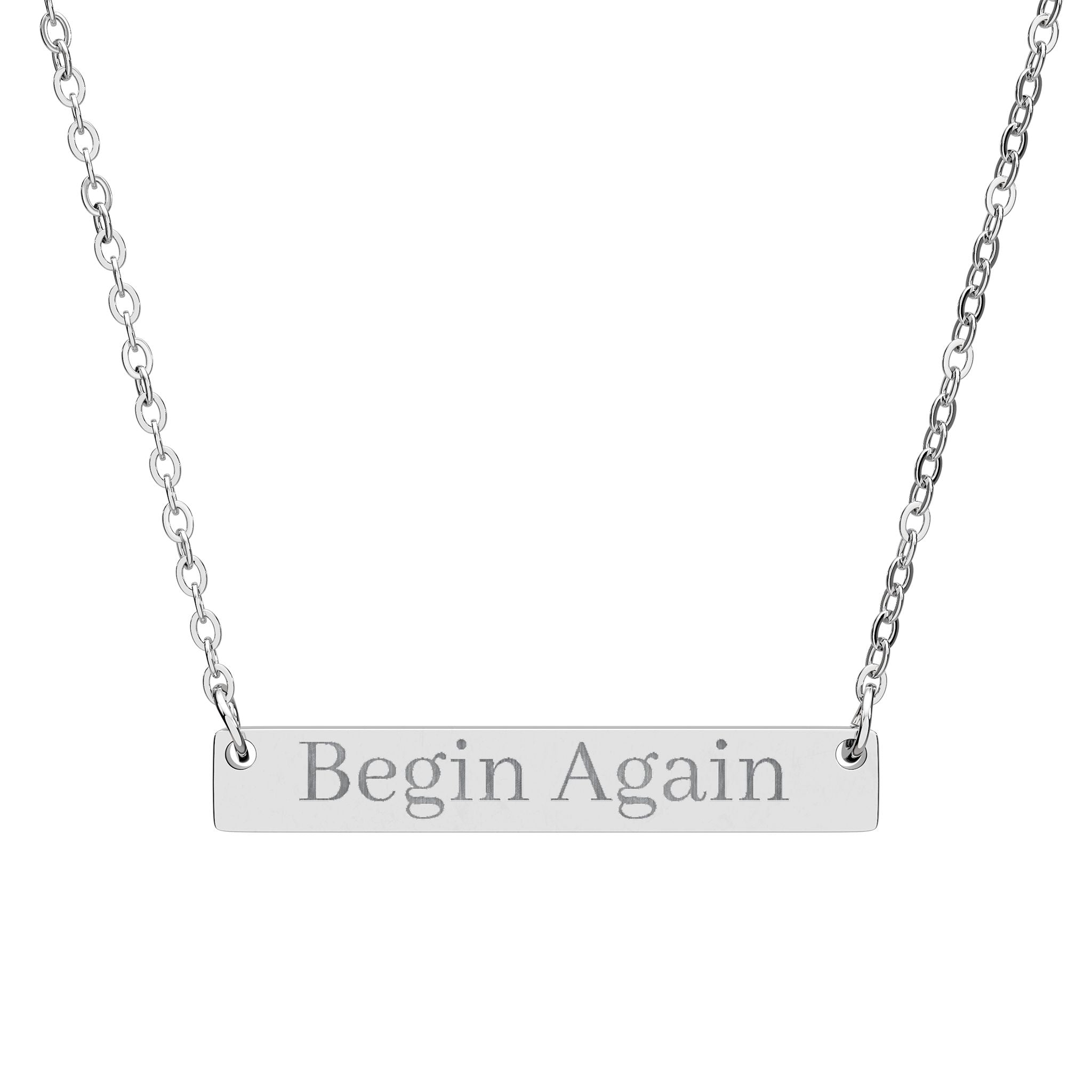 Engraved Horizontal Bar Necklace — "Begin Again" Personalized Pendant