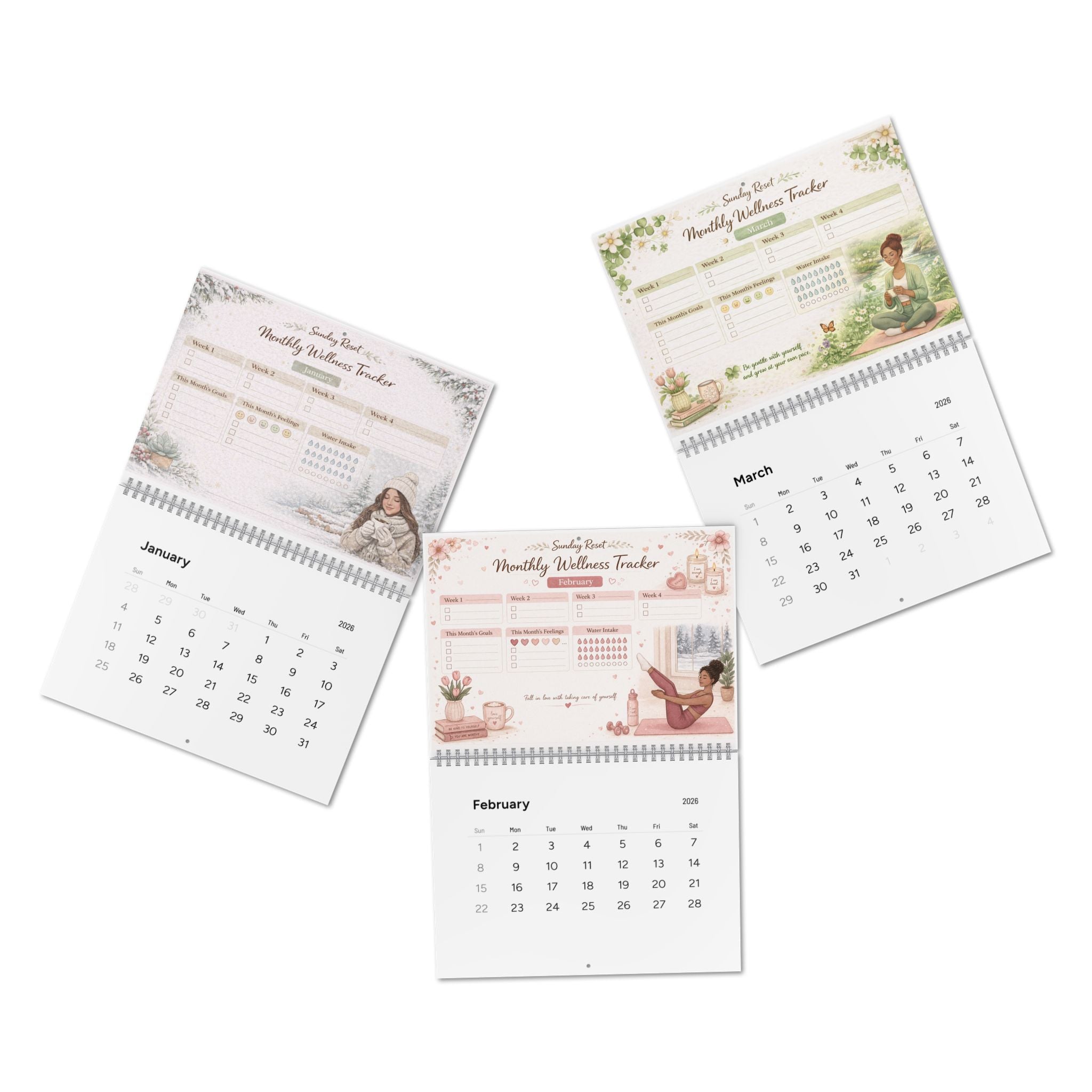 2026 Monthly Wellness Wall Calendar – Standard Calendar with Habit Trackers & Cozy Seasonal Artwork