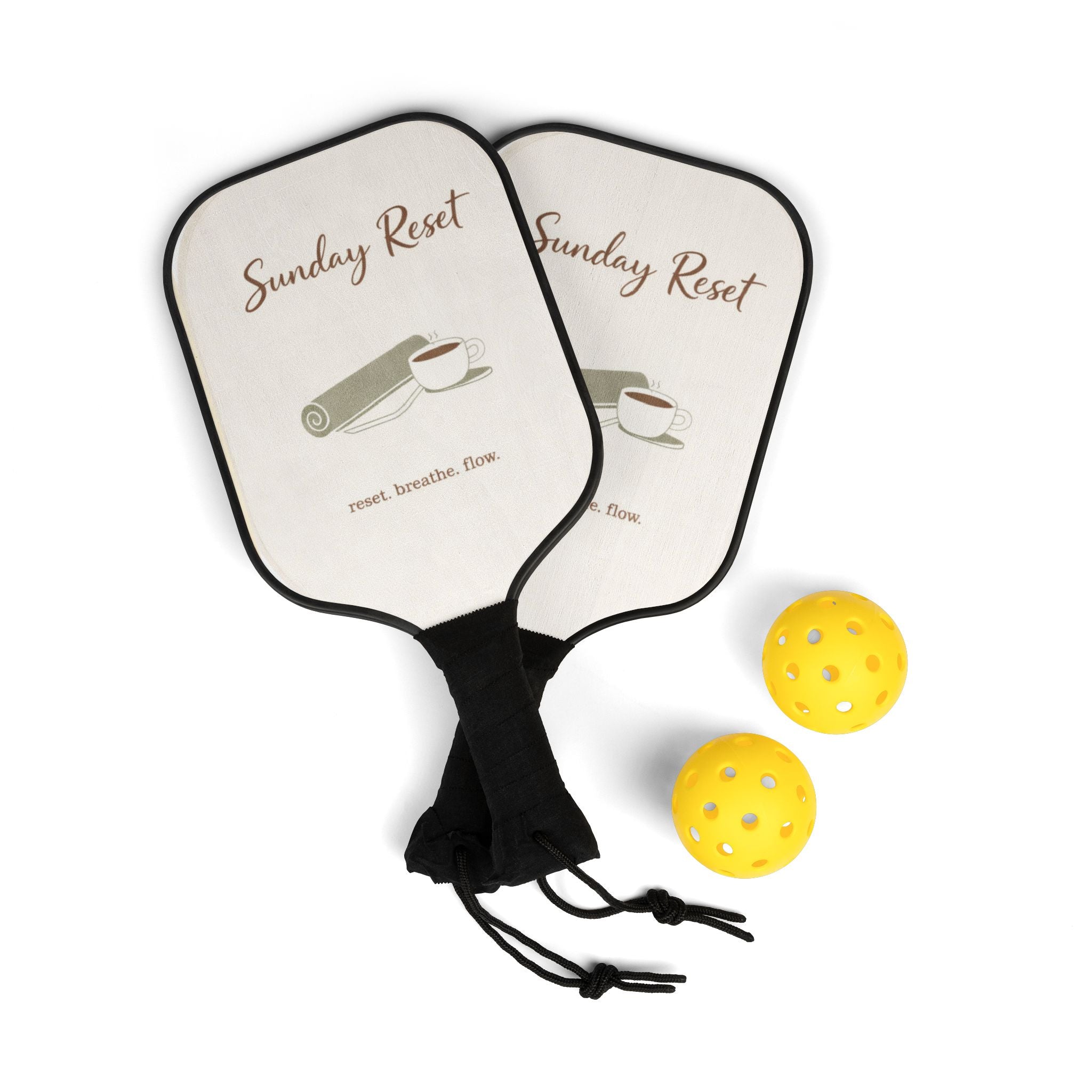 Sunday Reset Pickleball Paddles — Relaxing Yoga & Coffee Design Kit (2 Paddles + Balls)
