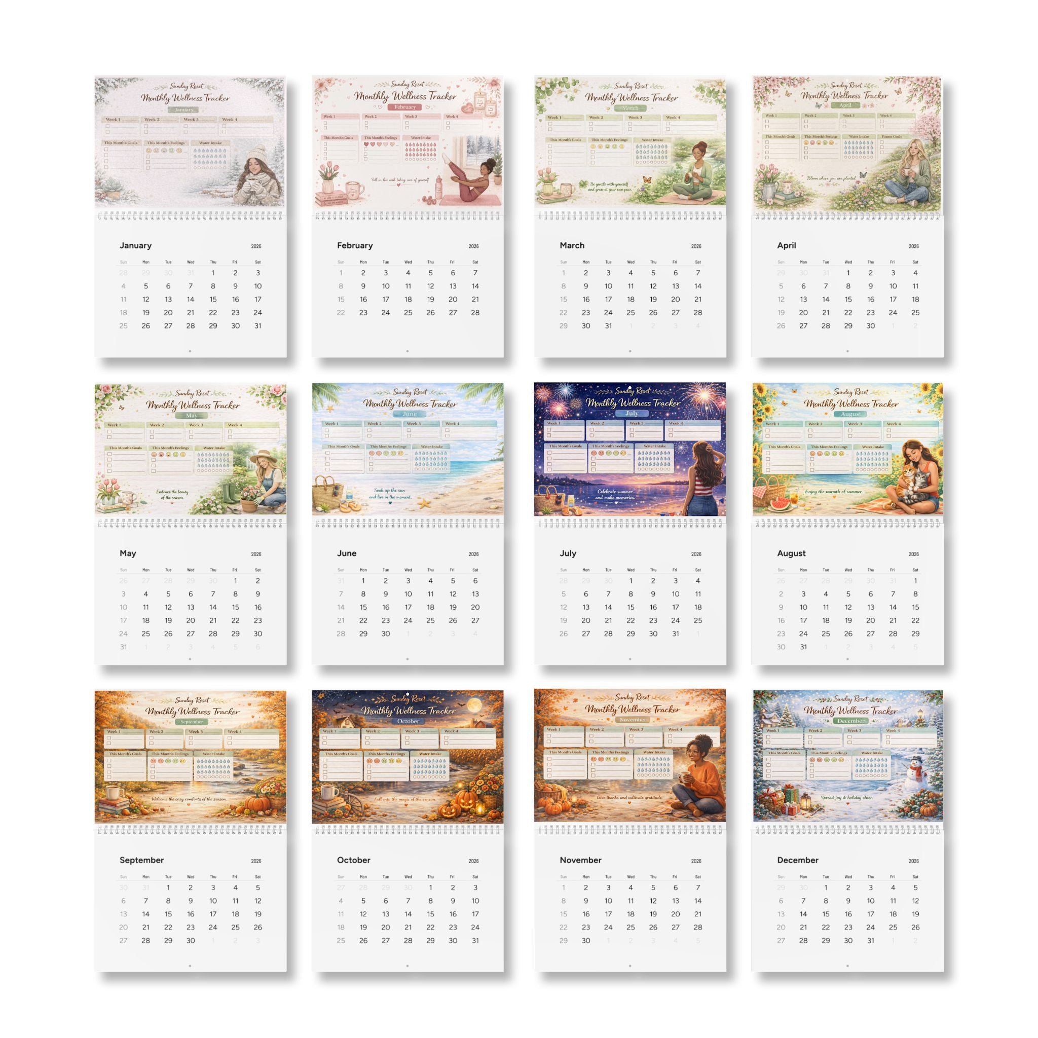 2026 Monthly Wellness Wall Calendar – Standard Calendar with Habit Trackers & Cozy Seasonal Artwork