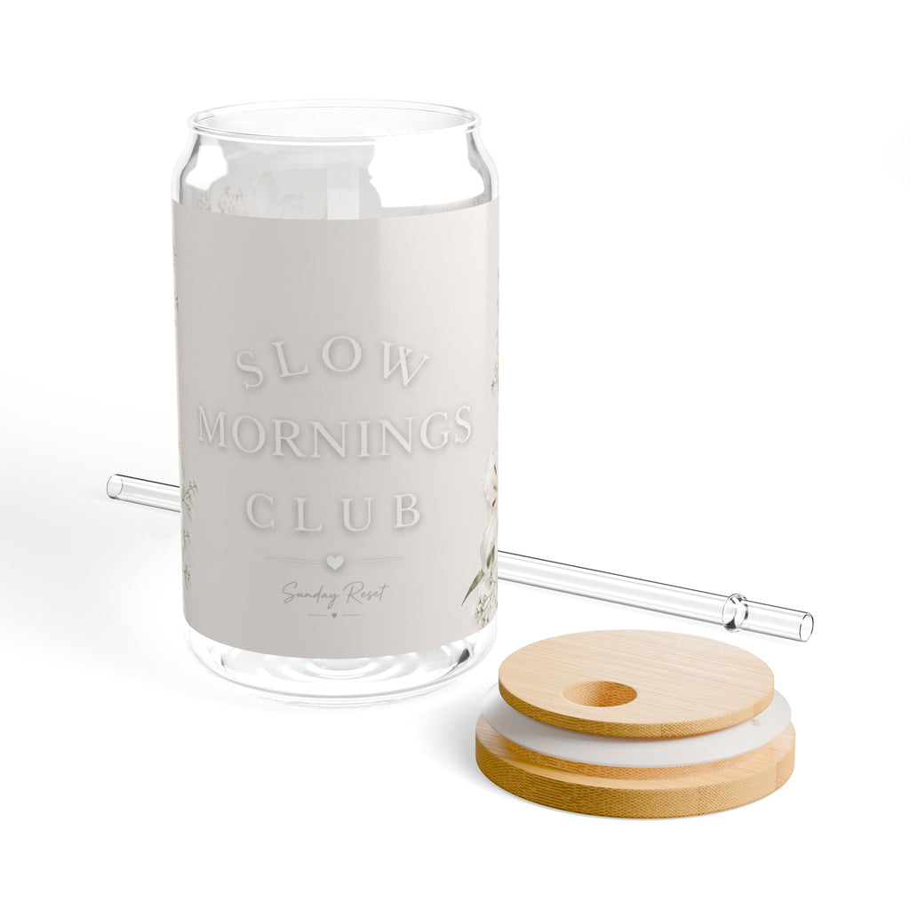 Slow Mornings Club Glass Can Tumbler — 16oz with Straw & Bamboo Lid