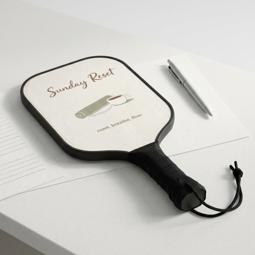 Sunday Reset Pickleball Paddles — Relaxing Yoga & Coffee Design Kit (2 Paddles + Balls)