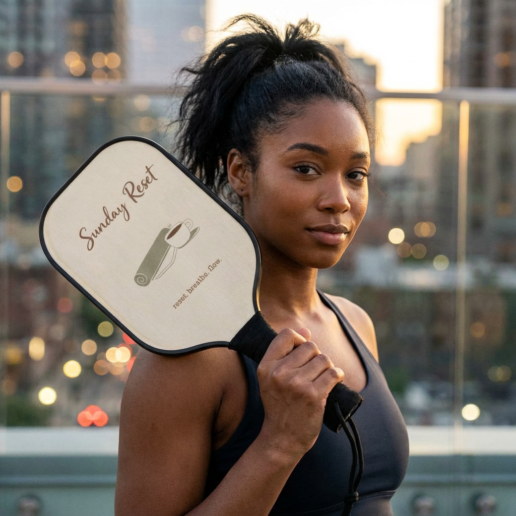 Sunday Reset Pickleball Paddles — Relaxing Yoga & Coffee Design Kit (2 Paddles + Balls)