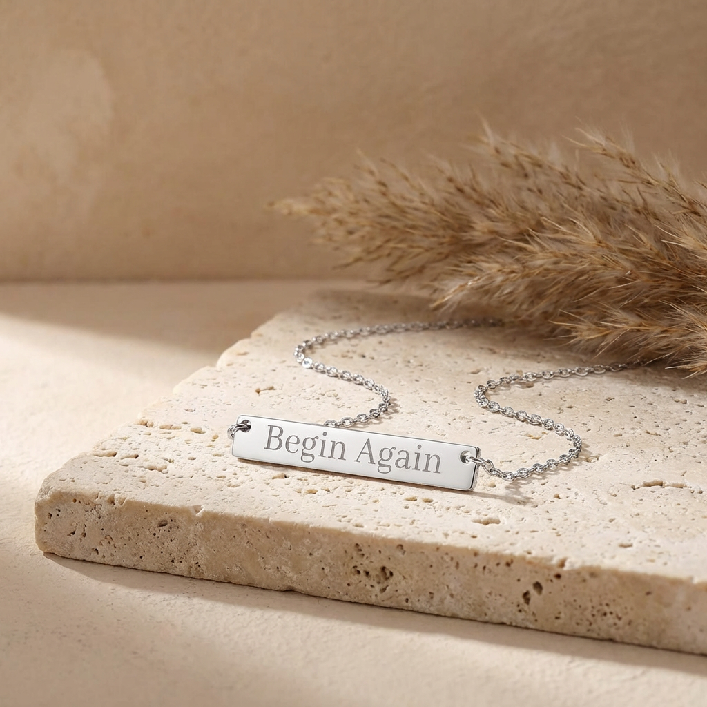 Engraved Horizontal Bar Necklace — "Begin Again" Personalized Pendant