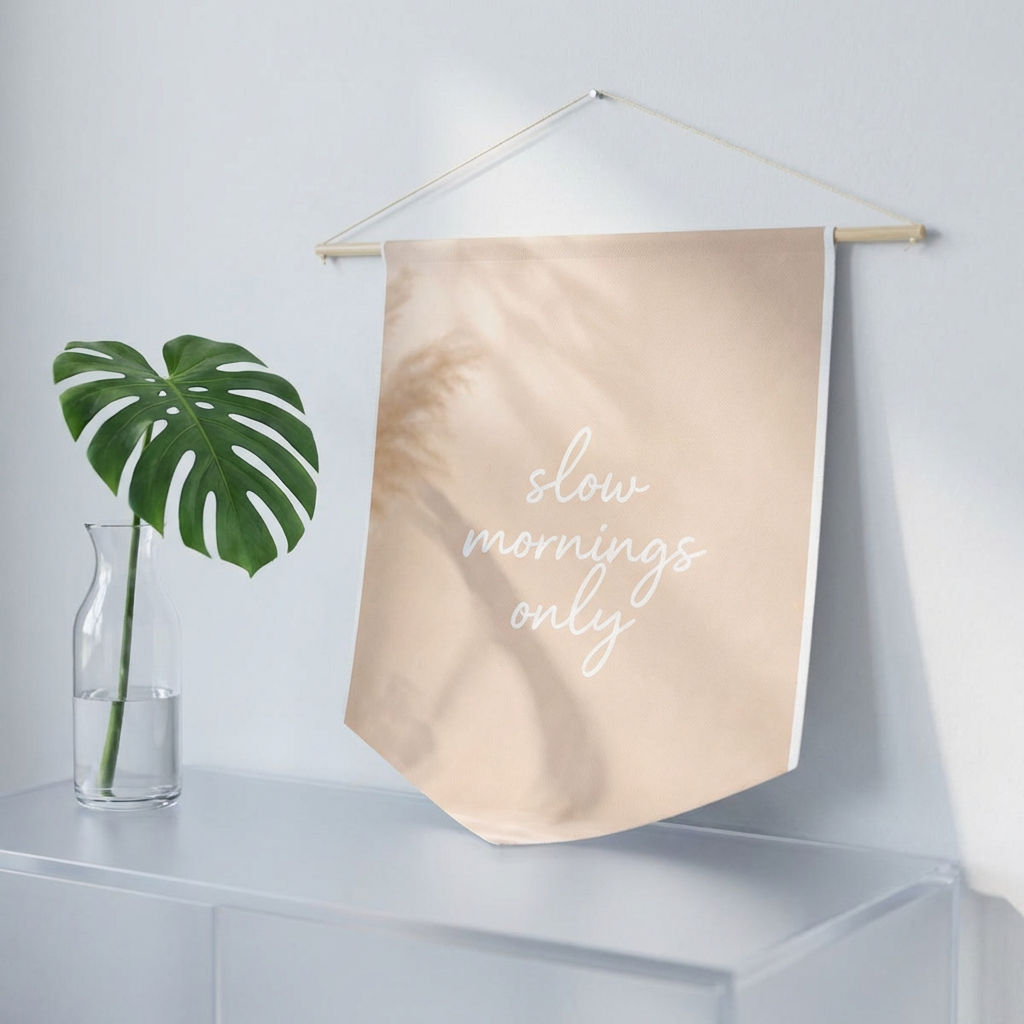 Slow Mornings Only Pennant Banner — Neutral Boho Wall Hanging for Bedroom & Living Room