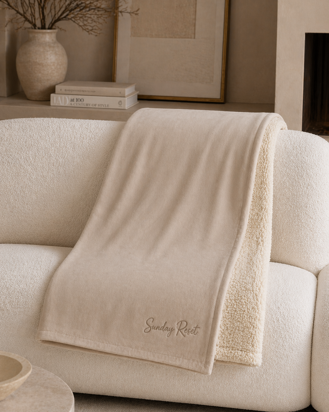 Sherpa Fleece Blanket — Cozy Neutral 'Sunday Rest' Throw for Lounging, Gifts & Home Decor