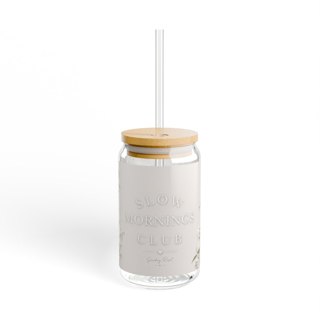 Slow Mornings Club Glass Can Tumbler — 16oz with Straw & Bamboo Lid