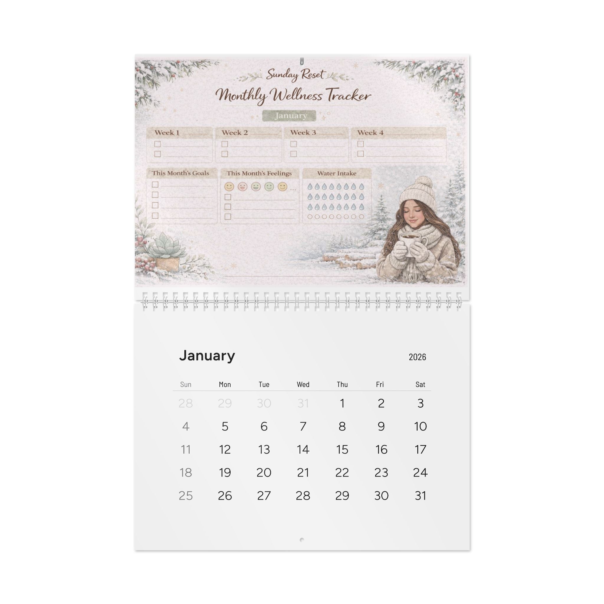 2026 Monthly Wellness Wall Calendar – Standard Calendar with Habit Trackers & Cozy Seasonal Artwork