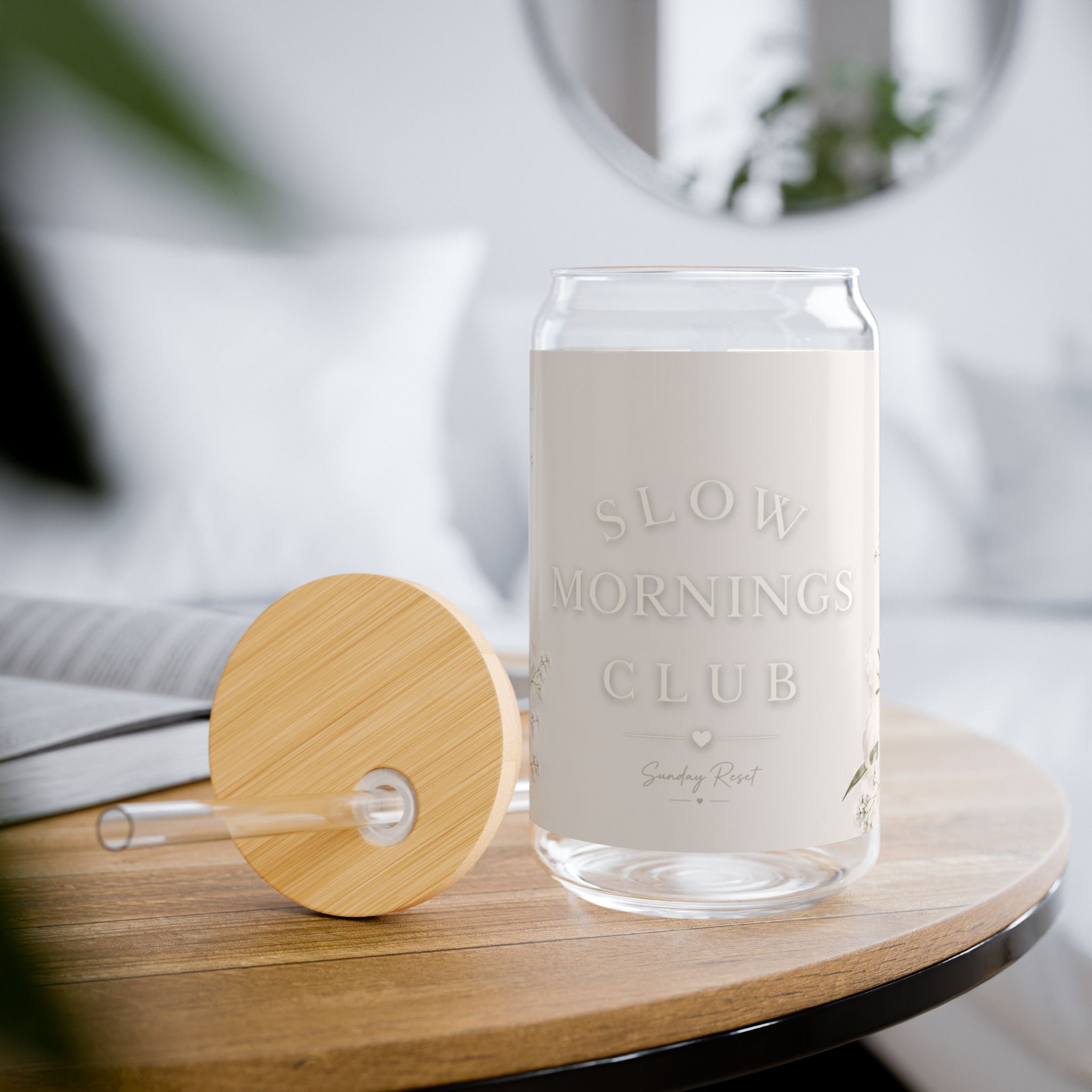 Slow Mornings Club Glass Can Tumbler — 16oz with Straw & Bamboo Lid